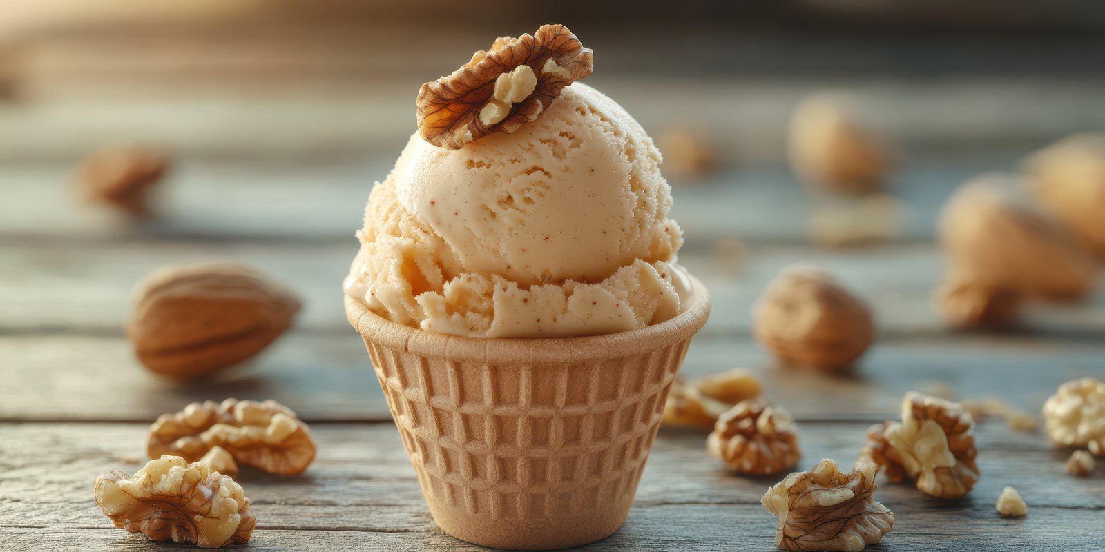 Delicious ice cream scoop in a waffle cone with walnuts on rustic wooden surface